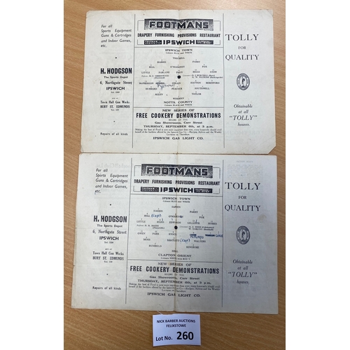 260 - Football : Ipswich Townh 1945/6 season prgrammes (2) v Notts County 8.9.1945, Clap & Orient 20.10.19... 