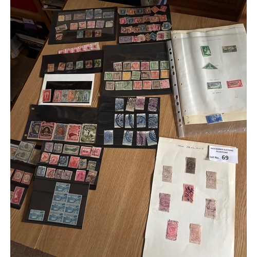69 - Stamps : NZ collection in 3 albums and on old album leaves plus earlies onwards on stock cards.