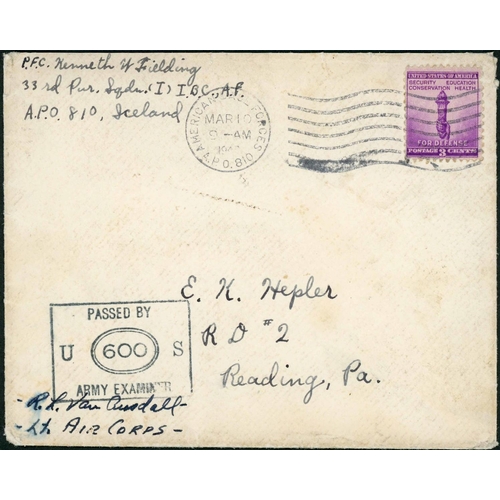 407 - WWII US FORCES CENSOR MAIL: Group of 9 covers/cards inc. pair of 1941 printed patriotic envs. franke... 