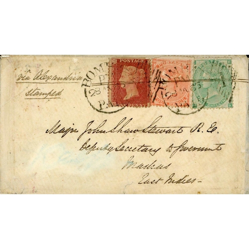 414 - COVER AT 1s-5d RATE (EX EGYPT?) TO MADRAS WITH G.B. STAMPS CANCELLED IN TRANSIT IN BOMBAY; Remarkabl... 