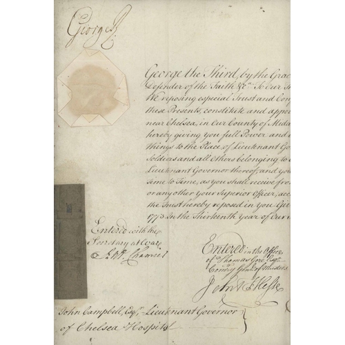 3220 - GEORGE III SIGNED DOCUMENT with seal, dated 11 Feb. 1773, appointing John Campbell Esquire, Lieutena... 