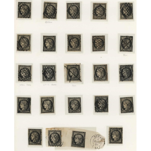 3318 - 1849 20c & 25c USED STUDY: Album page with the study of 1849 20c black Y&T.3, on white or buff paper... 