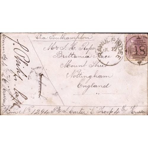 3408 - MILITARY CONCESSION RATE; 12 July 1874 env. (flap defective) to Nottingham franked QV 8pi (corner fa... 