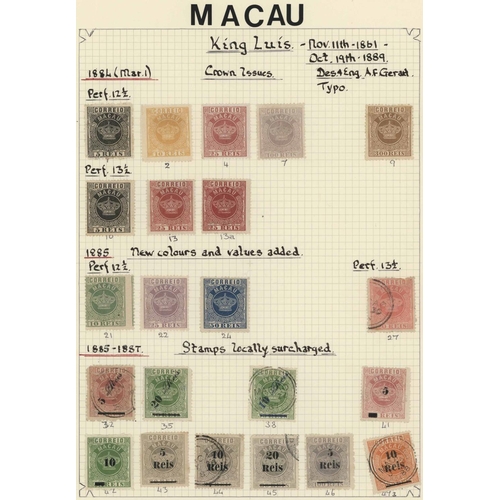 3480 - MACAO: 1884 -87 Crown issues. The unused & used selection on an album page inc. perf. 12½ 100r & 300... 