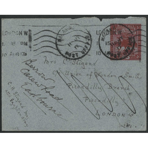 3545 - WWI - SPECIALLY PRINTED 5m POSTAL STATIONERY ENV. REDIRECTED TO EASTBOURNE: 1917 (17 July) 5m p.stat... 