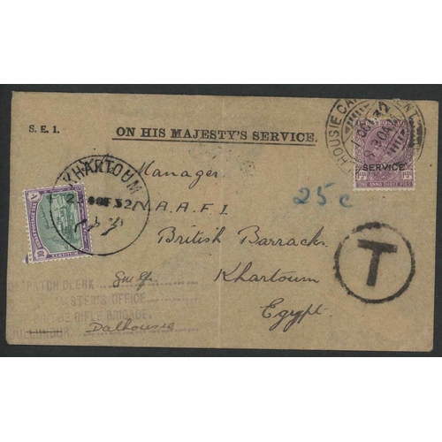 3587 - POSTAGE DUES - COVER FROM INDIA CHARGED 10m ON ARRIVAL IN KHARTOUM: 1932 (Oct.) O.H.M.S. env. ex Dal... 