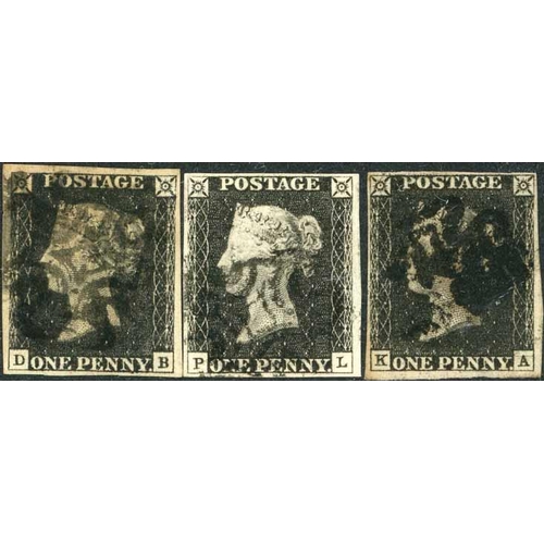 3695 - PLATE 1b - DB & KA; PLATE 3 - PL. Good to fine, all with four margins and black MX cancels. (3)