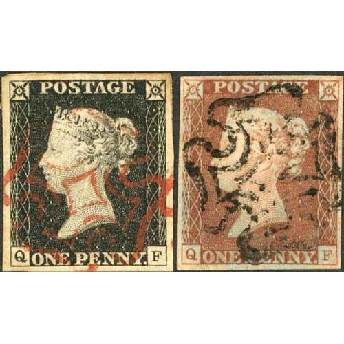 3705 - PLATE 2 - QF black (slight overall toning) and red matched pair, both with four good to large margin... 