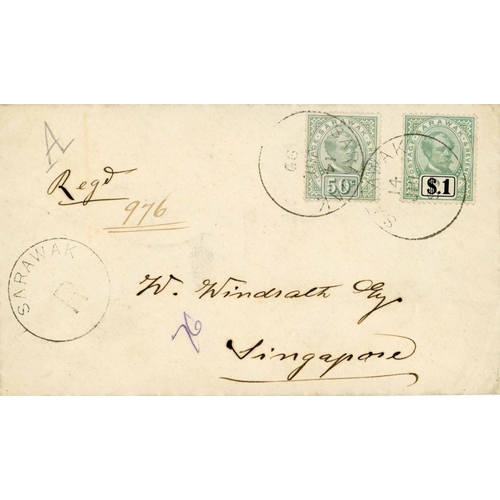 2204 - REGISTERED TO STRAITS SETTLEMENTS - $1.50c-RATE COVER WITH ELUSIVE 1897 $1 & 50c VALUES; Fine 14 Jul... 