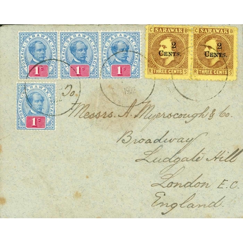 2210 - TO G.B. - RARE LATE USAGE OF A PAIR OF 2c ON 1871 3c ON 8c-RATE COVER TO LONDON; Feb. 1902 env. (sli... 