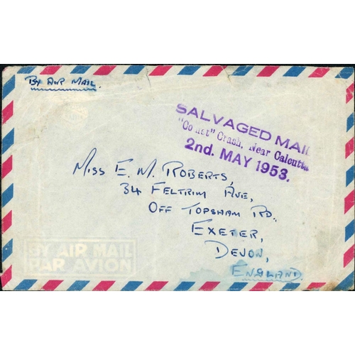 2292 - SALVAGED MAIL ETC:30 April 1953 envs (2) from Singapore to UK each with violet 