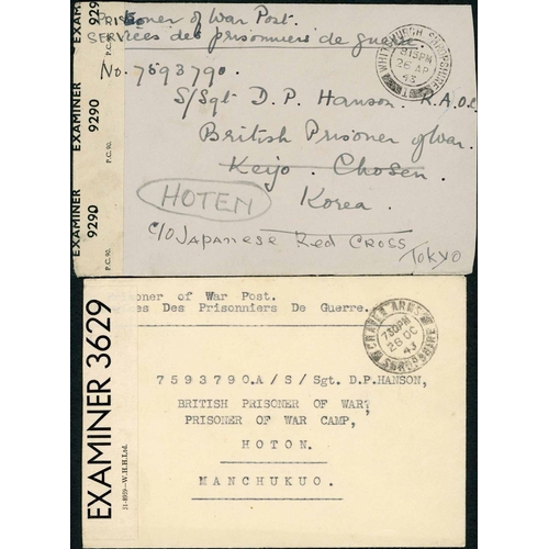 2402 - HOTEN POW CAMP, MUKDEN - Apr. & Oct. 1943 envs. (reduced) to the same addressee, GB censor tape, no ... 