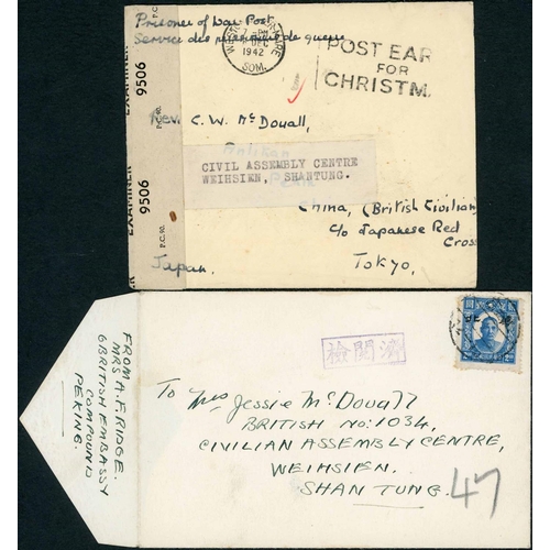 2426 - WEIHSIEN CAMP - Dec. 1942 env. from GB to Pekin (sic) redirected to the camp, GB censor tape, illust... 