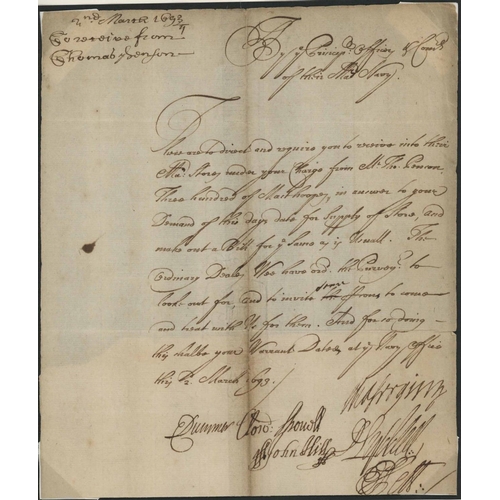 2135 - DOCUMENT SIGNED BY ROYAL MARINE SIR CLOWDESLEY SHOVELL & EDMUND DUMMER (OF W.I. PACKETS FAME); 2 Mar... 