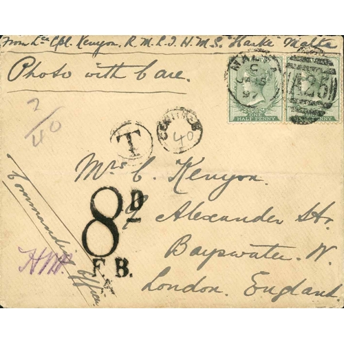 2173 - RARE TAXED MILITARY CONCESSION RATE FROM MALTA; 15 Jan. 1897 env. (one rear flap missing)  endorsed ... 