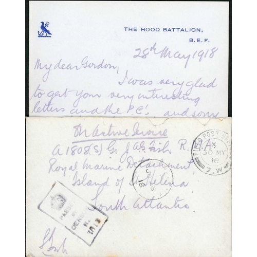 2199 - ROYAL MARINES IN ST HELENA; 30 May 1918 unfranked env. (few faults; with contents on 'THE HOOD BATTA... 