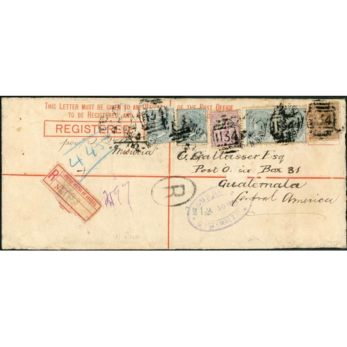 2347 - REGISTERED MAIL TO GUATEMALA; 17 Sep. 1894 long env. franked 2d Emu strip of four tied by Newcastle ... 