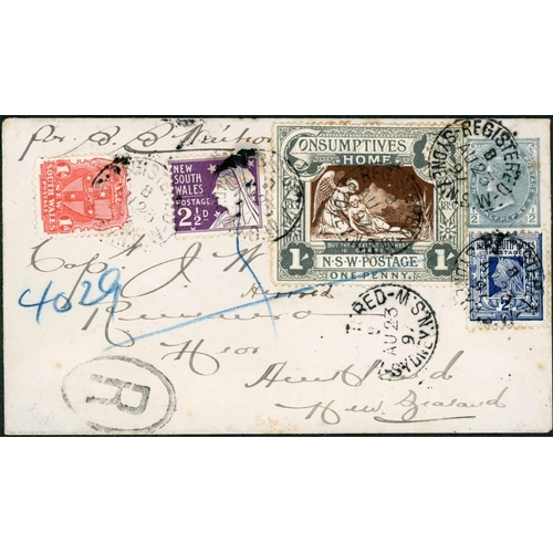 2349 - 1897 CHARITY ISSUE ON REGISTERED MAIL; 23 Aug. 1897 env. to Auckland franked ½d, 2d, 2d & 2½d and 1/... 