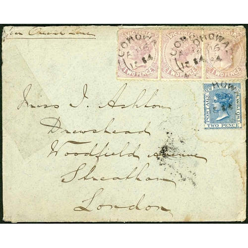 2354 - LATE USE OF A COMBINATION FRANKING; 16 Aug. 1884 env. (tears and stains) 'per Chimbarazo' to London ... 