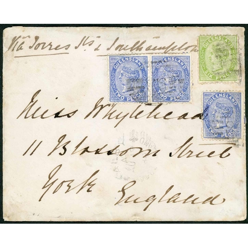 2364 - MAIL TO GB INC. DOUBLE RATE & THURSDAY ISLAND MAIL; Range with 18 Aug. 1880 double-weight env. to Yo... 