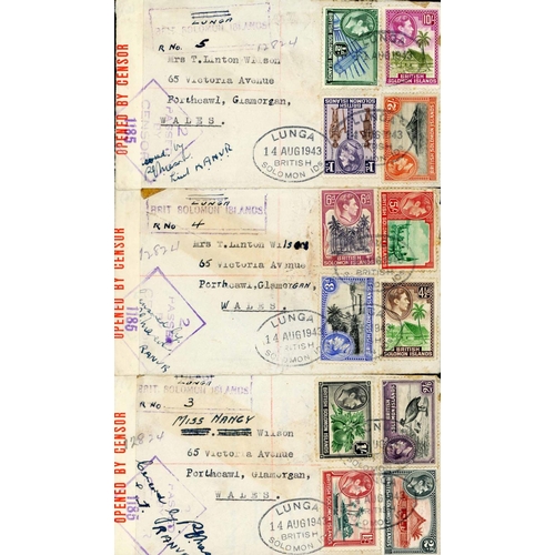 1116 - WORLD WAR II - BRITISH SOLOMON IS. - CENSORED COVERS WITH VALUES TO 10/- TIED BY OVAL 