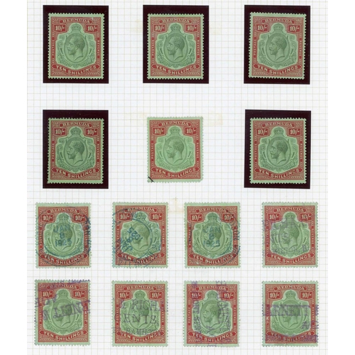 1247 - 1924-32 10/- GREEN & RED - 7 mounted mint examples, 4 used (possibly with bogus cancels) & 10 fiscal... 