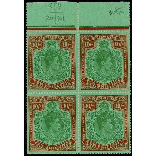 1263 - 1938-53 10/- BLUISH GREEN & DEEP RED - with blocks of 4 (2 inc. with plate number, perf separation) ... 