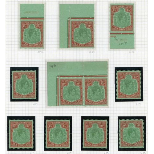 1265 - 1938-53 10/- GREEN & RED (SHADES) FINE GROUP - with yellowish green & deep carmine-red SG119c block ... 