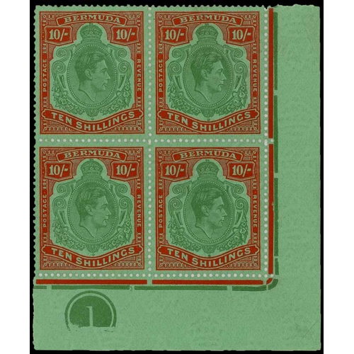 1265 - 1938-53 10/- GREEN & RED (SHADES) FINE GROUP - with yellowish green & deep carmine-red SG119c block ... 