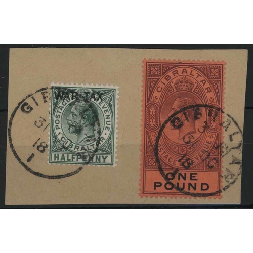 1540 - 1912-24 £1 dull purple & black/red fine used (Oct. 1918 c.d.s) on piece with ½d War Tax stamp. SG 85... 