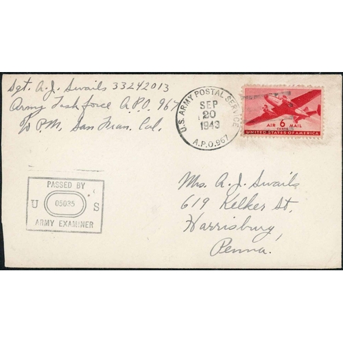 1600 - FANNING ISLAND - U.S.A. FORCES MAIL:4 May 1943 env to Harrisburg sent free (endorsed by the commandi... 