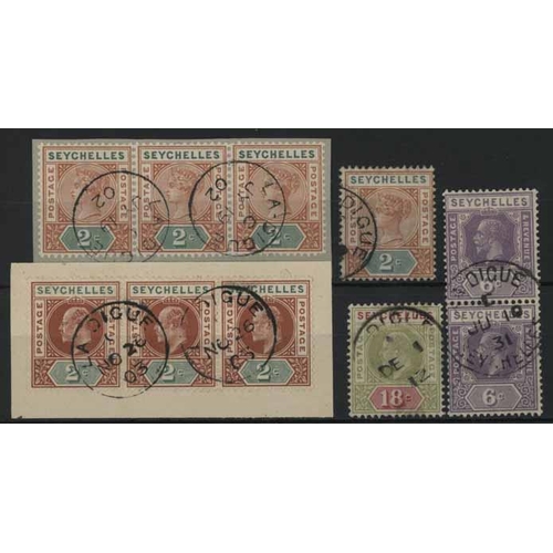 1847 - LA DIGUE ISLAND/PRASLIN ISLAND: Selection of QV-KGV issues with mainly complete strikes of the scarc... 