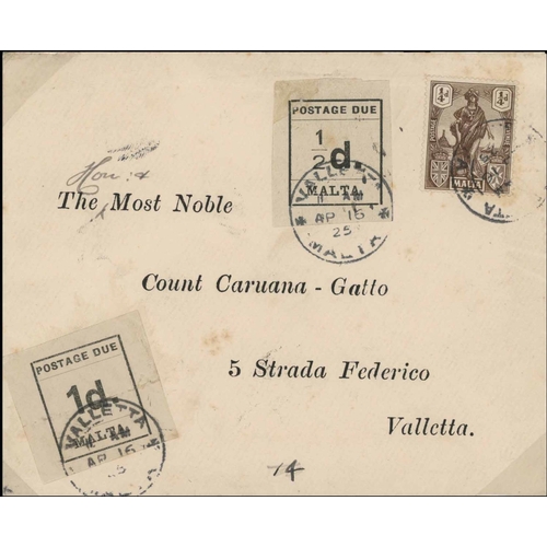 1742 - VALLETTA - PROVISIONAL POSTAGE DUES - FIRST DAY COVER WITH ½d & 1d VALUES; Underpaid internal 16 Apr... 