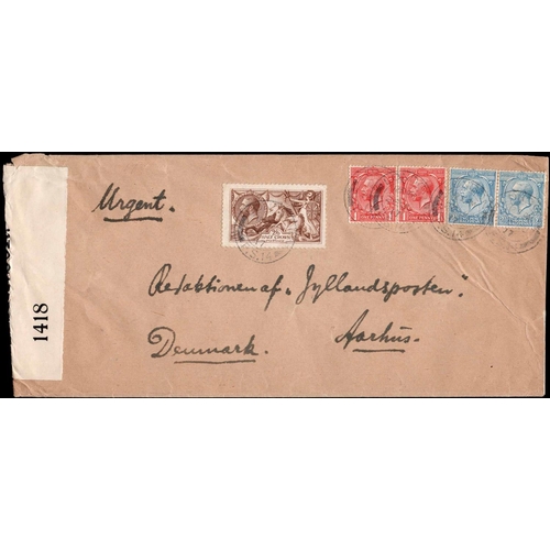 150 - RARE G.B. EXPRESS CENSORSHIP COVER TO DENMARK WITH SEAHORSE 2s-6d FOR THE FEE; Fine long 26 June 191... 