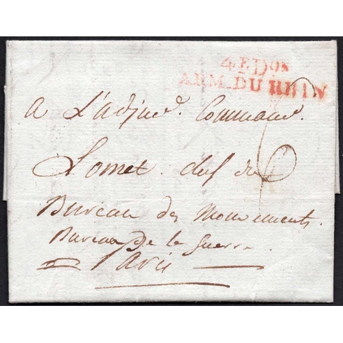 204 - ARM DU RHIN MARKS IN RED [4e. Don.] OR BLACK [3e. Don.]ON 6d-RATE OR OFFICIAL COVERS; c.1800 large p... 