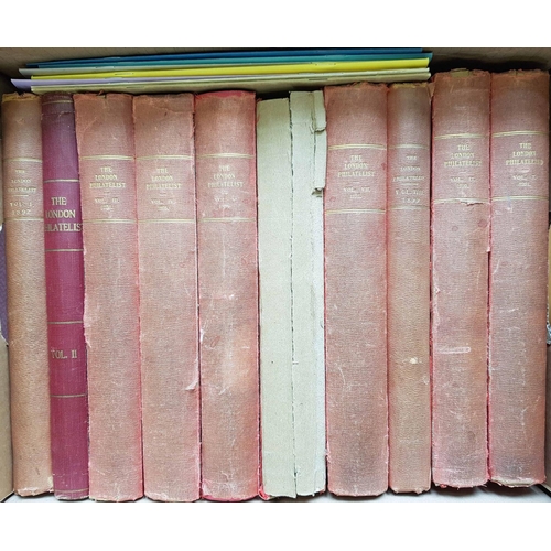 83 - LONDON PHILATELIST: Nine boxes. Vols 1-94 (1892-1985). Majority HB in red cloth, faded spines and so... 