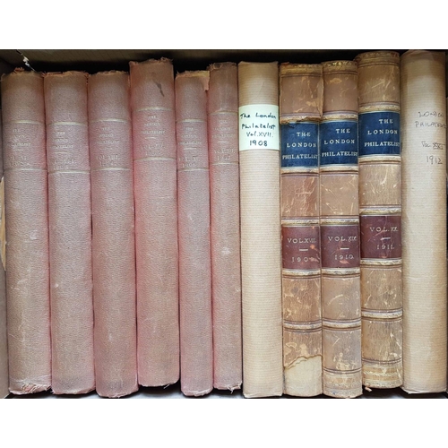 83 - LONDON PHILATELIST: Nine boxes. Vols 1-94 (1892-1985). Majority HB in red cloth, faded spines and so... 