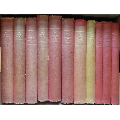 83 - LONDON PHILATELIST: Nine boxes. Vols 1-94 (1892-1985). Majority HB in red cloth, faded spines and so... 