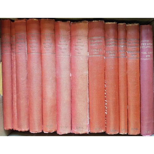 83 - LONDON PHILATELIST: Nine boxes. Vols 1-94 (1892-1985). Majority HB in red cloth, faded spines and so... 