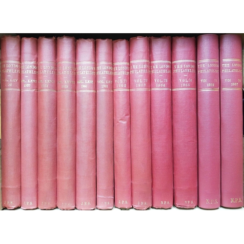 83 - LONDON PHILATELIST: Nine boxes. Vols 1-94 (1892-1985). Majority HB in red cloth, faded spines and so... 