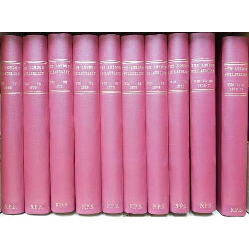 83 - LONDON PHILATELIST: Nine boxes. Vols 1-94 (1892-1985). Majority HB in red cloth, faded spines and so... 