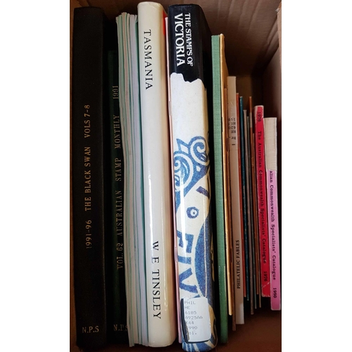 208 - AUSTRALIA: Three boxes containing a mixture of books and journals, including Stamps of Victoria by K... 