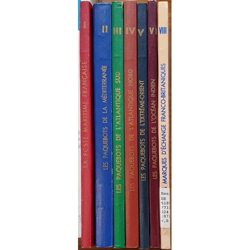 223 - FRANCE: One box containing La Poste Maritime Francaise by Salles. Vols 1-6 & 8. Supplements with Vol... 