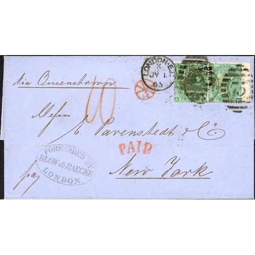 1010 - USA - FORWARDING AGENTS MARK ON NY MAIL;  Pair with 1 July 1865 E 'via Queenstown' franked pair 1/- ... 