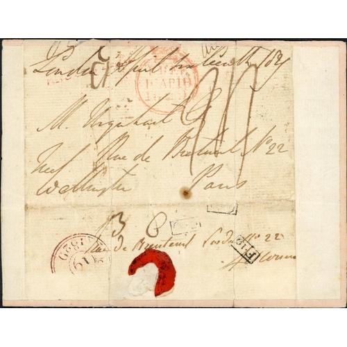 1020 - FREE MAIL TO FRANCE ENDORSED BY THE DUKE WELLINGTON; 16 Apr. 1829 reduced, repaired & rebacked EL to... 