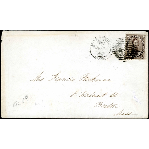 2050 - 10c LETTER RATE TO USA: 1862 env. from Montreal to Boston bearing a single 10c brown tied by a Montr... 