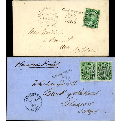 2052 - 1859 12½c GREEN COVERS (SINGLE + PAIR) TO G.B. WITH 