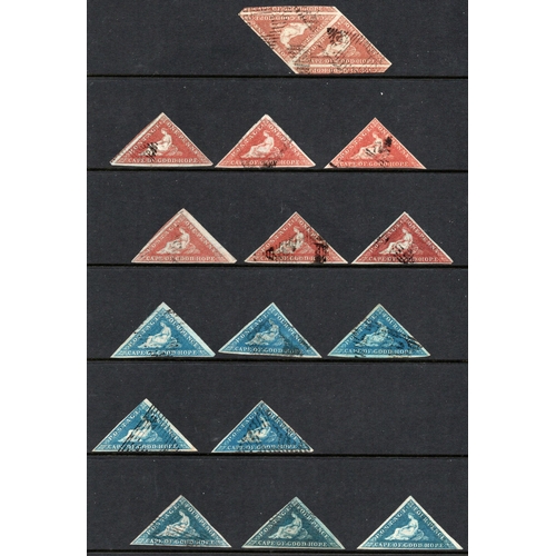 2060 - 1853 SLIGHTLY BLUED PAPER 1d BRICK RED (8, inc. a pair and a single brown shade) and 4d blue (8, sha... 