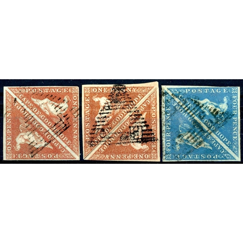 2063 - 1853 SLIGHTLY BLUED PAPER 1d BRICK-RED, used pair, clear to good margins. 1d brown, a rejoined pair,... 