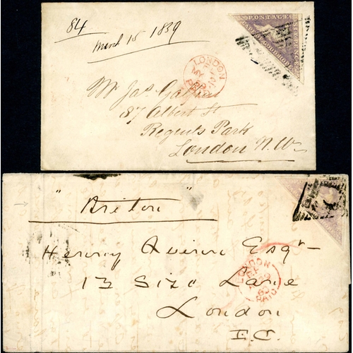 2132 - 1869 THREE COVERS TO UK AT THE 6d RATE: 1859 env. from Cape Town to Wadebridge with a three margined... 